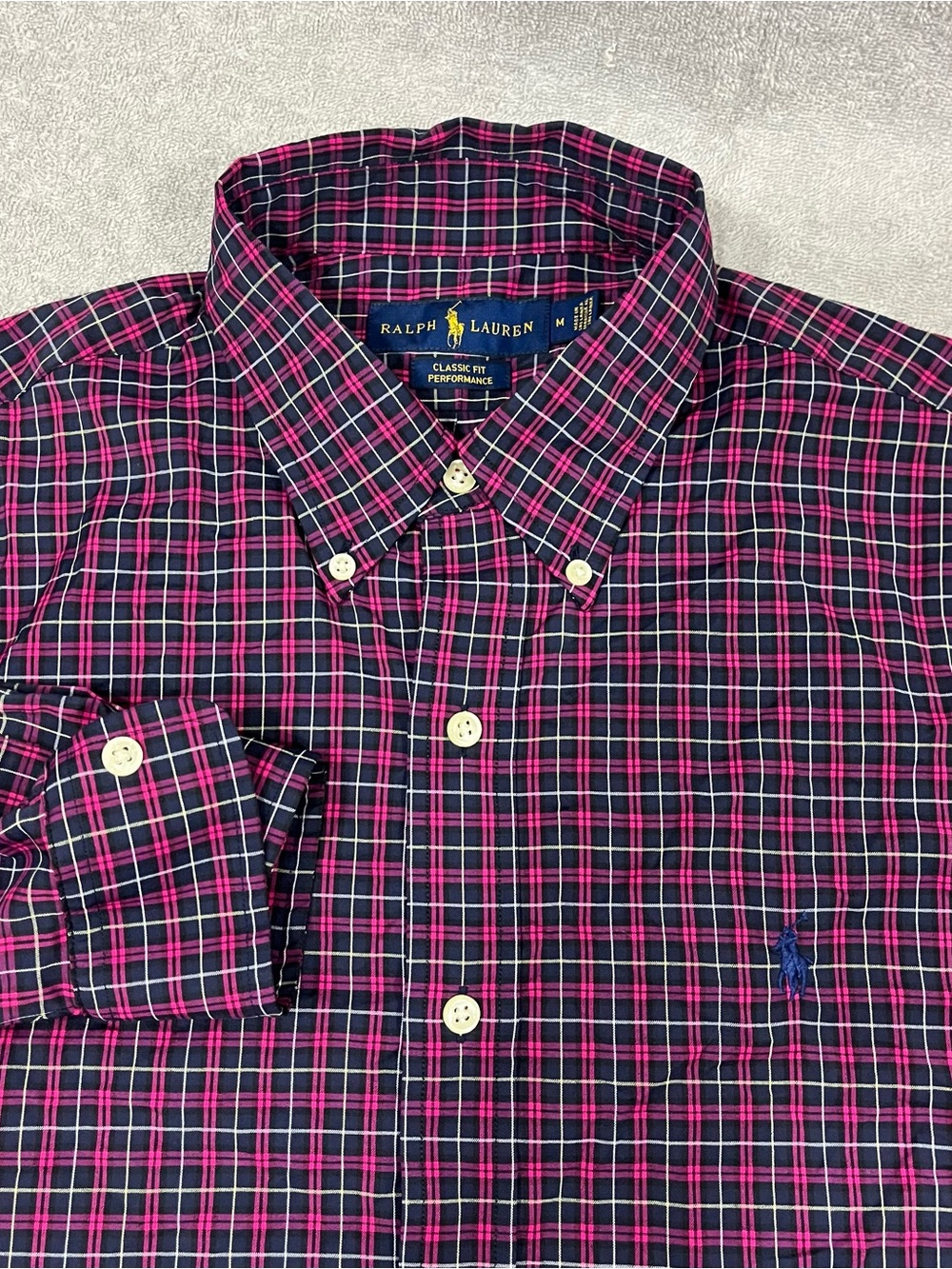 Polo Ralph Lauren Performance Long Sleeve Button Up Men’s Medium Navy Pink Plaid